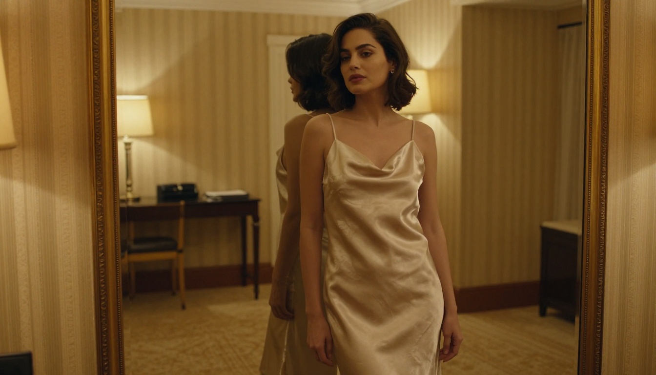 Woman in a silk slip dress standing before a floor-length mirror in a luxury hotel suite, warm golden lamp light, one strap falling off her shoulder
