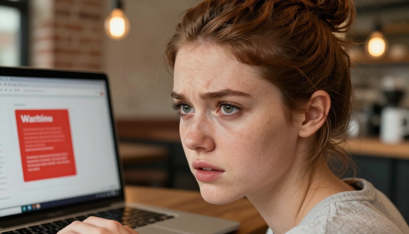 A frustrated user encounters a content block on her laptop in a coffee shop