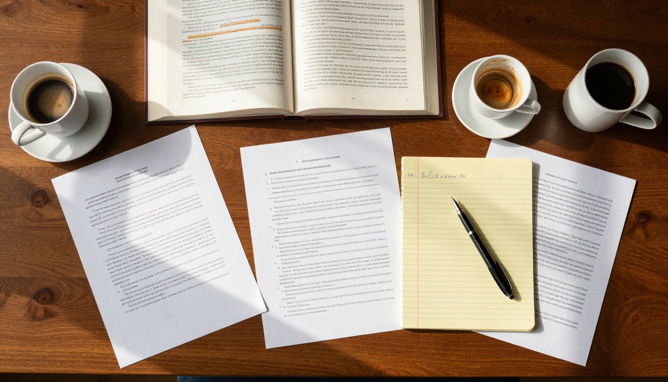 Overhead view of legal documents, law books, and handwritten notes on a mahogany desk