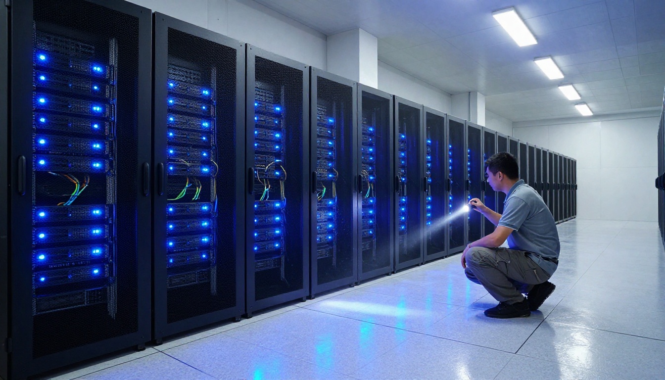Interior of a server room with rows of rack servers and a technician inspecting connections