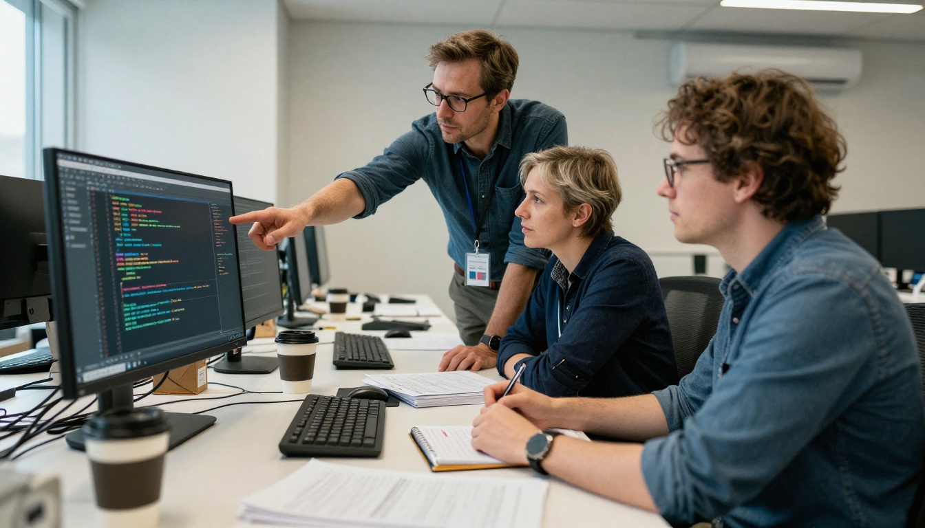 Three software engineers collaborating around a monitor in a modern open-plan office