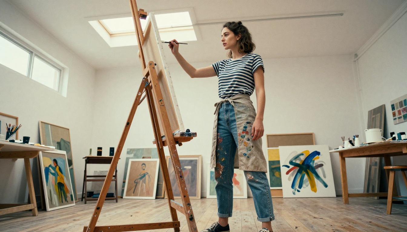 A young woman artist stands at her easel in a sun-flooded studio, brush mid-stroke on the canvas