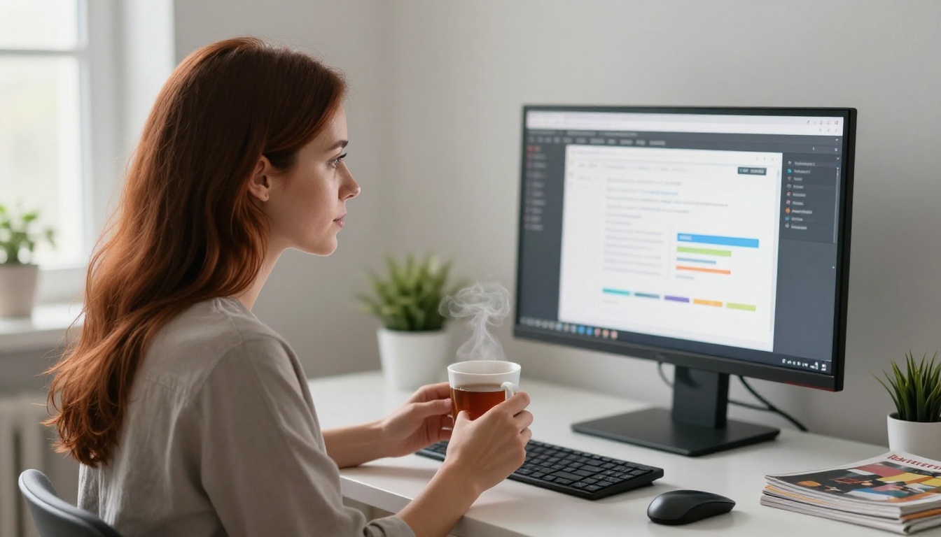 Woman with auburn hair studying a browser interface on a widescreen monitor, mug of tea in hand