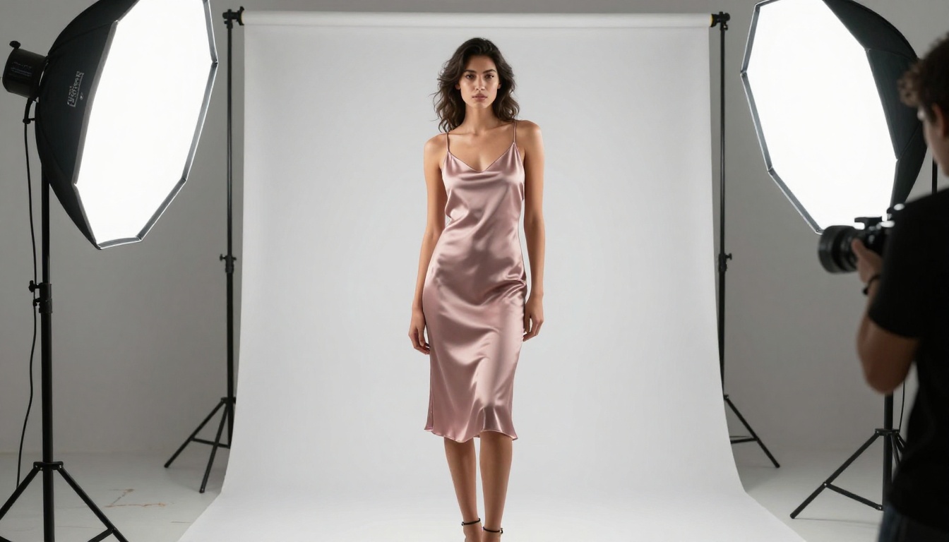 Female model in a dusty rose silk dress in a professional photography studio with softbox lighting