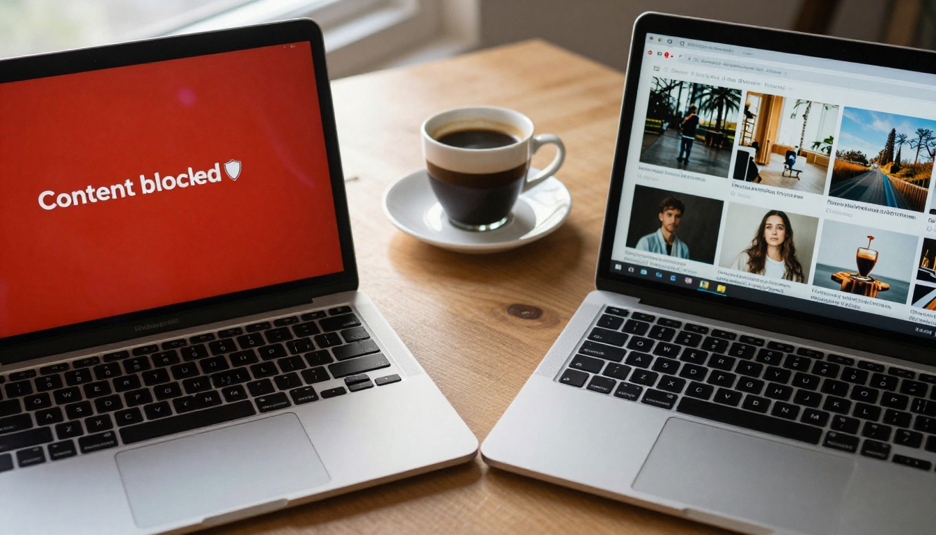Close-up of two laptops side by side, one showing a content block error, the other displaying successfully generated images