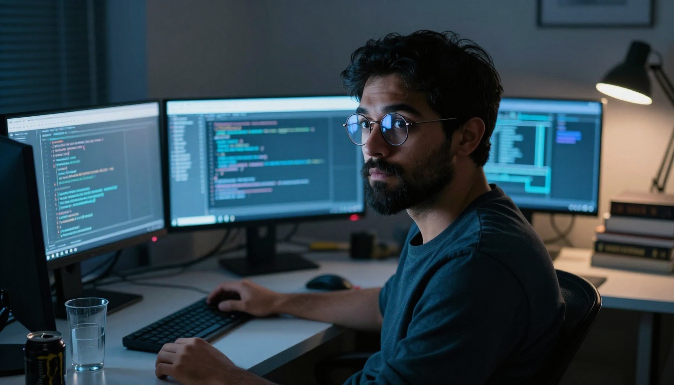 Male software developer working late at night, monitors casting blue light on his face