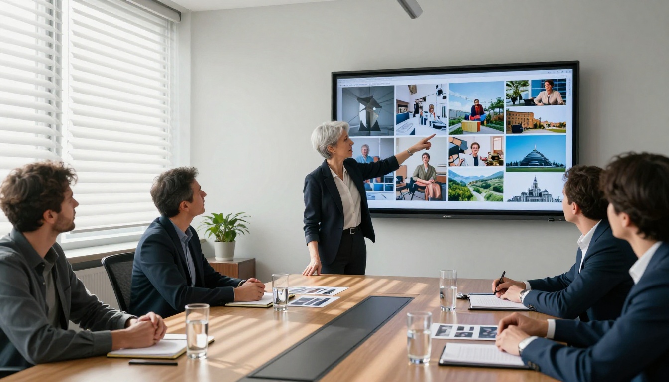 Creative director presenting AI-generated images to her team in a modern boardroom