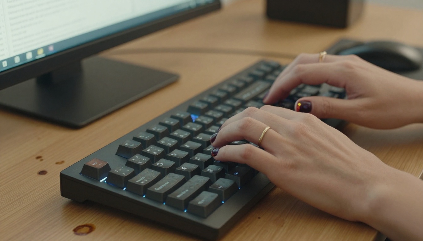Close-up of hands typing on a mechanical keyboard, dark chipping nail polish, thin gold ring on the index finger