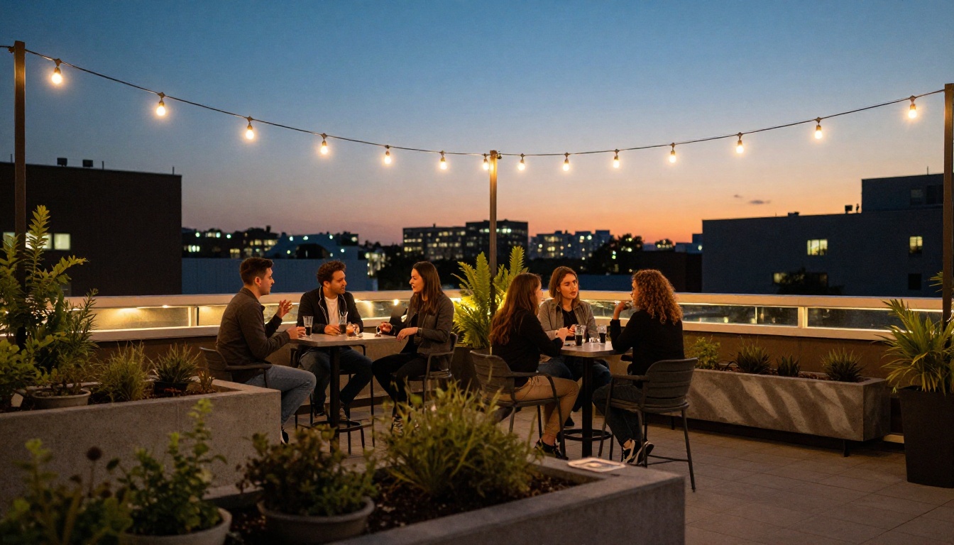 Young professionals gathered at a rooftop garden bar at dusk, city skyline in the distance