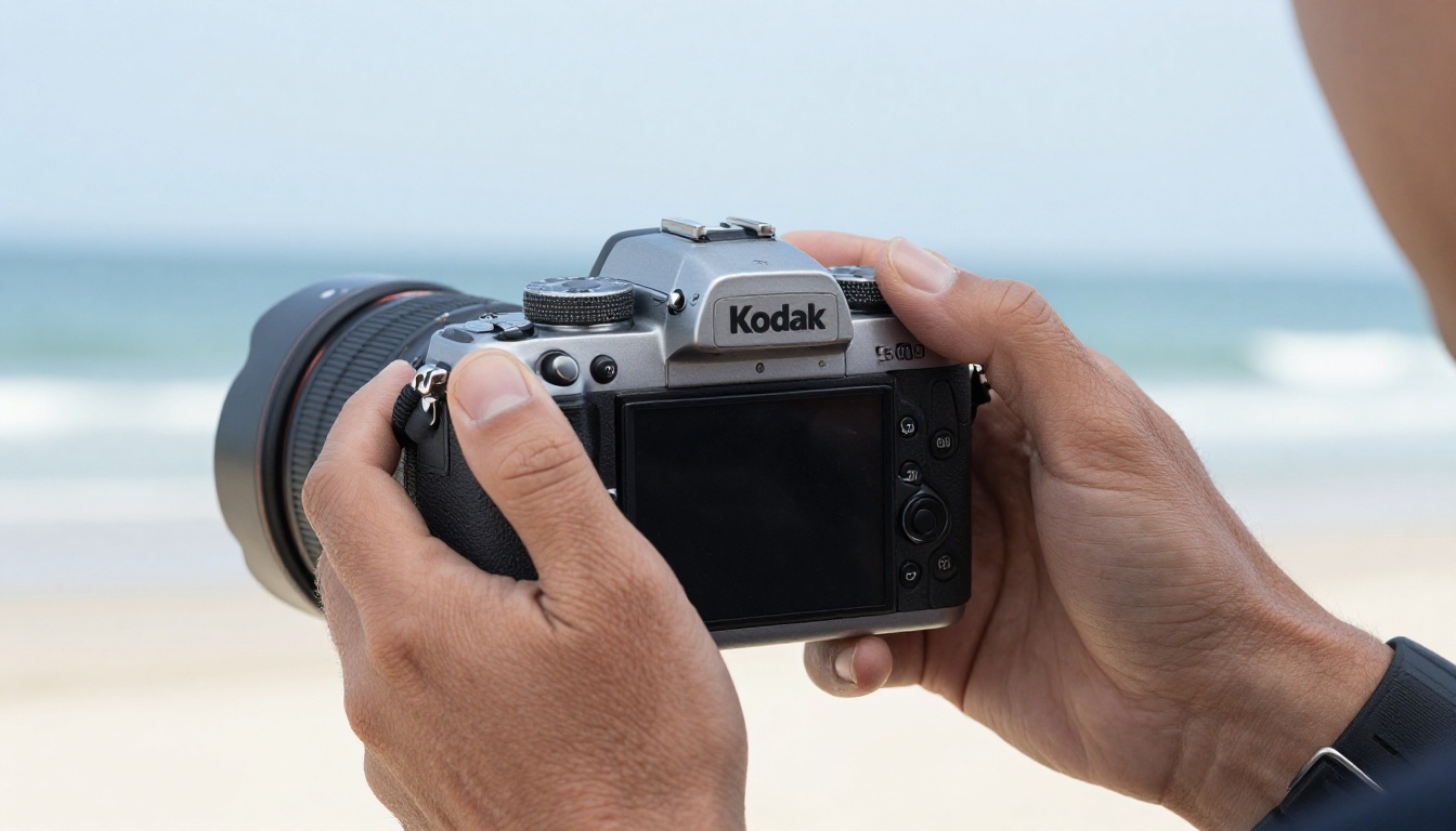 Weathered hands of a professional photographer pressing the shutter button on a full-frame DSLR