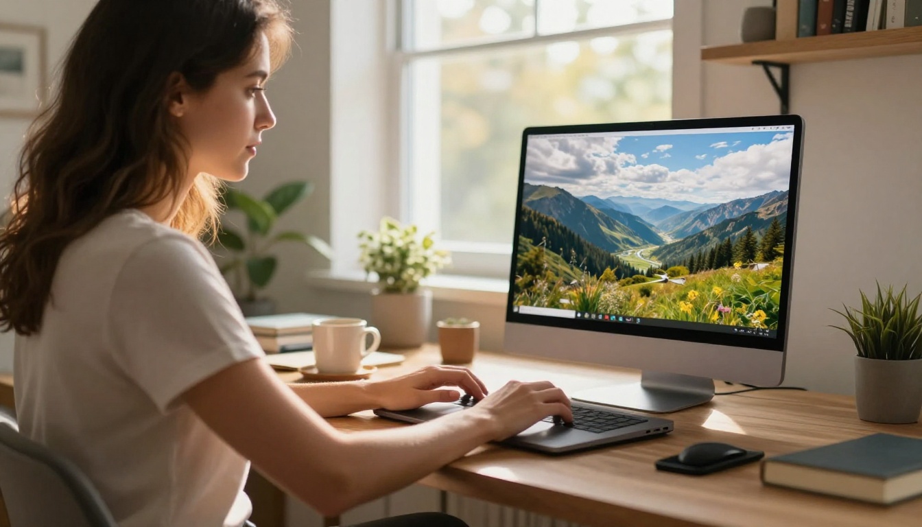 Woman at a desk using AI image generation on a laptop and monitor in a sunlit home office