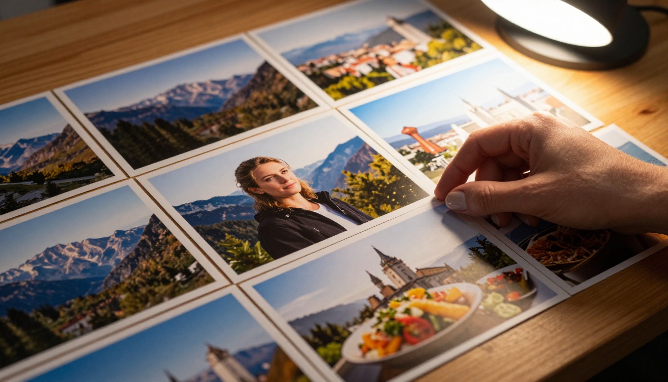 Printed AI-generated photographs of landscapes, portraits and cityscapes arranged on a wooden desk