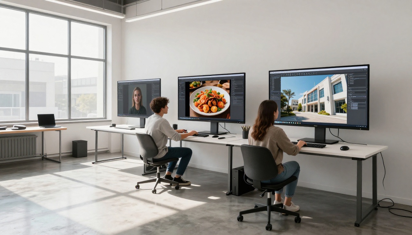 Three large monitors in a creative studio each displaying a different AI-generated image in progress