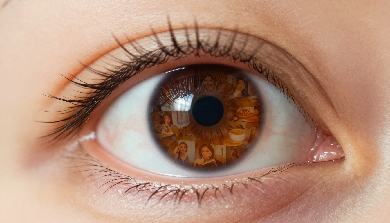 Extreme close-up of a human eye reflecting a grid of multiple AI-generated images on its surface