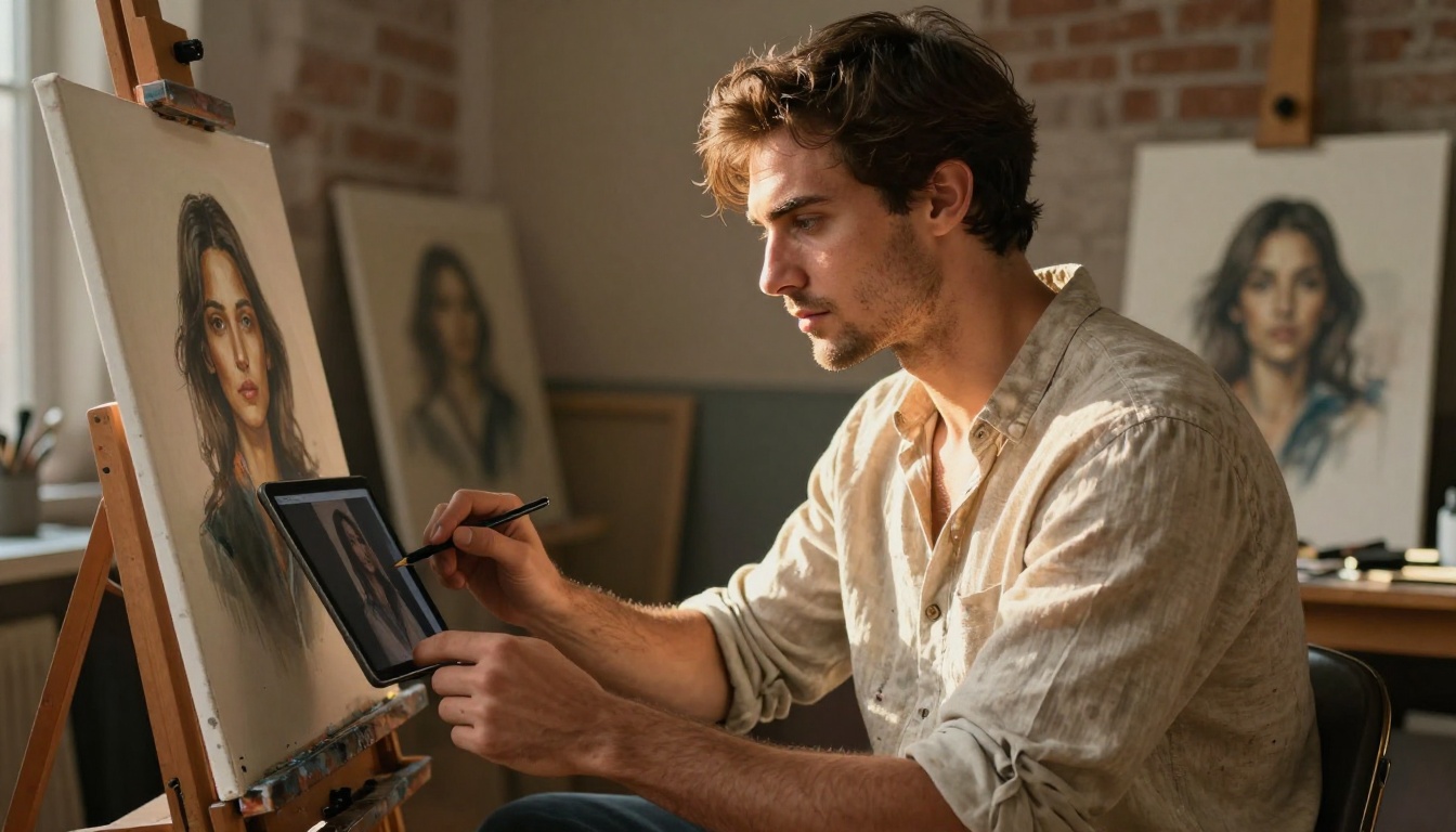 A young male artist in a paint-stained shirt reviewing a just-completed AI-generated portrait on a tablet easel in a bright studio A young male artist in a paint-stained shirt reviewing a just-completed AI-generated portrait on a tablet easel in a bright studio