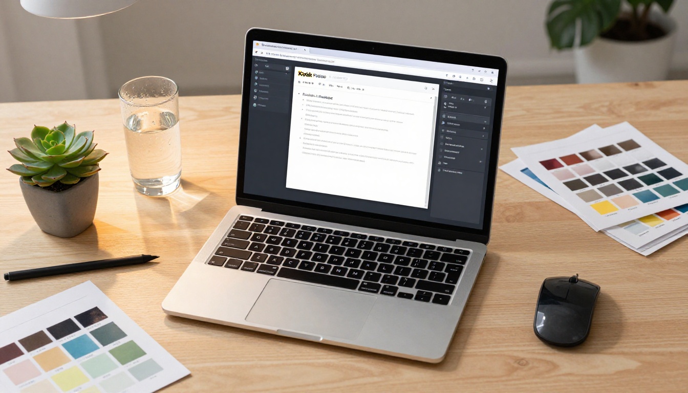 Aerial top-down view of a graphic designer's workspace with a MacBook showing an AI text-to-image interface and scattered color swatches Aerial top-down view of a graphic designer's workspace with a MacBook showing an AI text-to-image interface and scattered color swatches