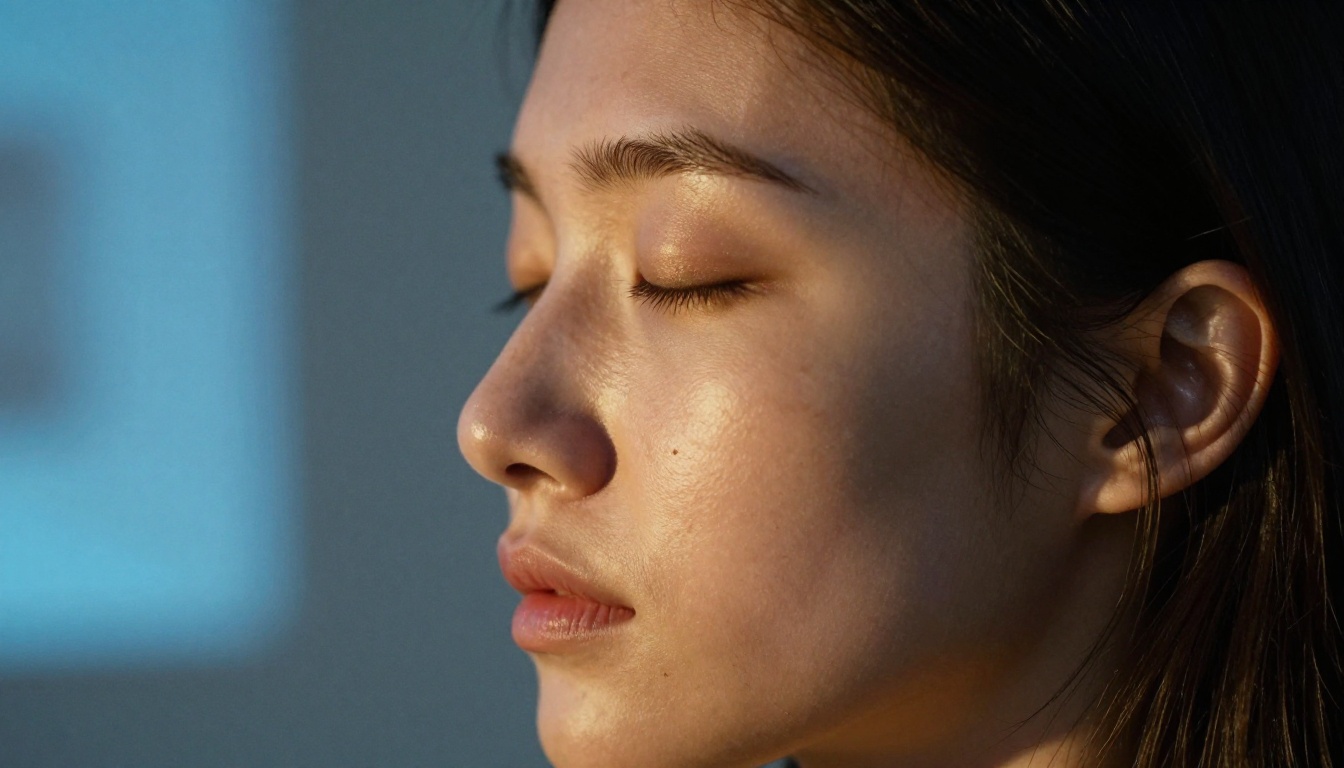 Side-profile close-up of a woman's face with warm amber and cool blue projected monitor light across her cheekbone and jaw Side-profile close-up of a woman's face with warm amber and cool blue projected monitor light across her cheekbone and jaw