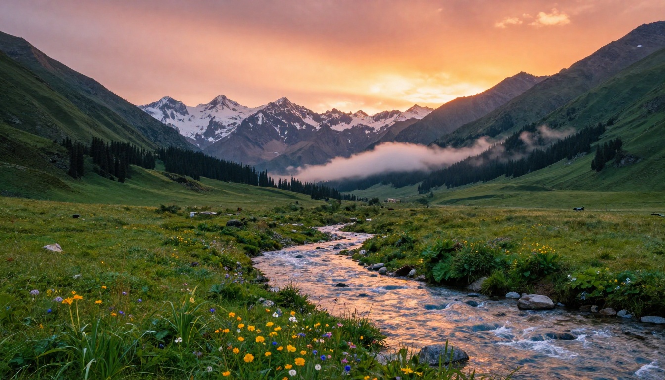 Breathtaking photorealistic mountain valley at golden hour with wildflowers, a river winding through the middle ground, and snow-capped peaks Breathtaking photorealistic mountain valley at golden hour with wildflowers, a river winding through the middle ground, and snow-capped peaks