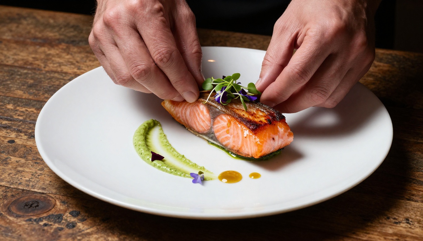 Seared salmon fillet with herb puree, microgreens and edible flowers on a matte white ceramic plate under restaurant spot lighting Seared salmon fillet with herb puree, microgreens and edible flowers on a matte white ceramic plate under restaurant spot lighting