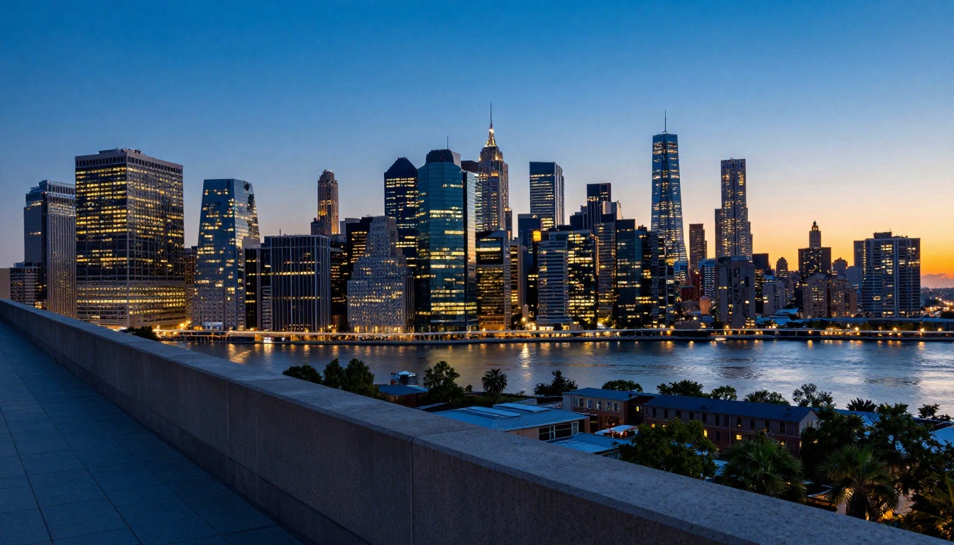 City skyline at blue hour photographed from a rooftop terrace with lit office towers reflecting in the river below City skyline at blue hour photographed from a rooftop terrace with lit office towers reflecting in the river below