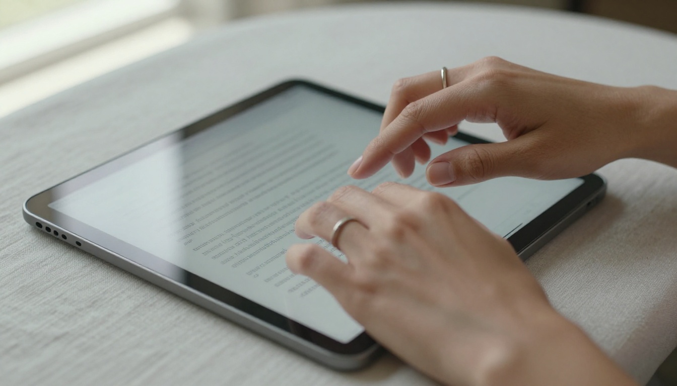 Close-up of a woman's hands typing a creative text prompt into an AI generation interface on a tablet