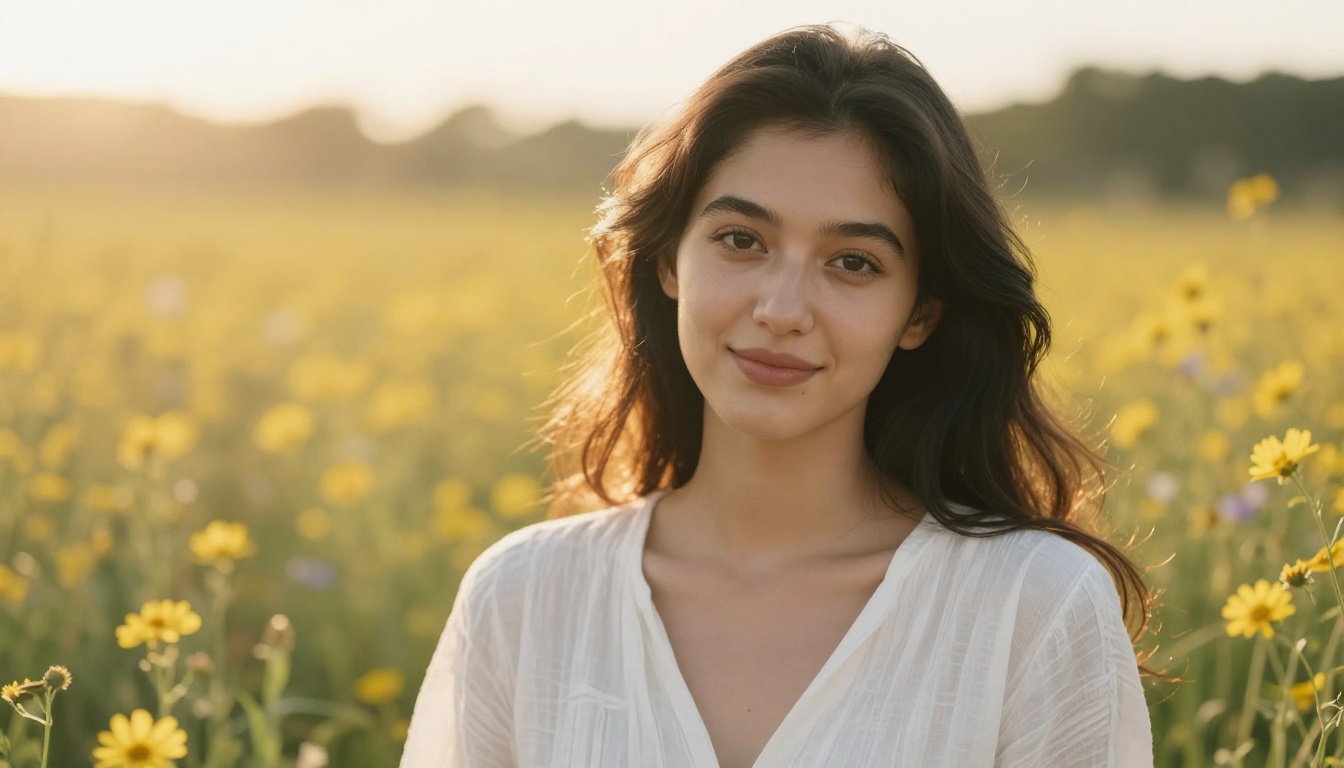 Photorealistic portrait of a beautiful young woman with long dark wavy hair in a wildflower field at golden hour Photorealistic portrait of a beautiful young woman with long dark wavy hair in a wildflower field at golden hour