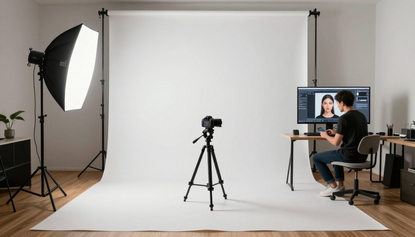 Wide establishing shot of a bright modern photography studio with AI-generated prints on the gallery walls and a photographer at work Wide establishing shot of a bright modern photography studio with AI-generated prints on the gallery walls and a photographer at work