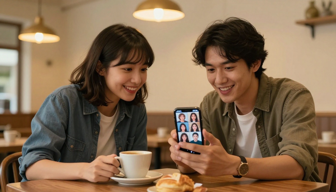 Two people at a cafe table sharing a smartphone showing a grid of newly AI-generated portrait images, warm pendant light above Two people at a cafe table sharing a smartphone showing a grid of newly AI-generated portrait images, warm pendant light above