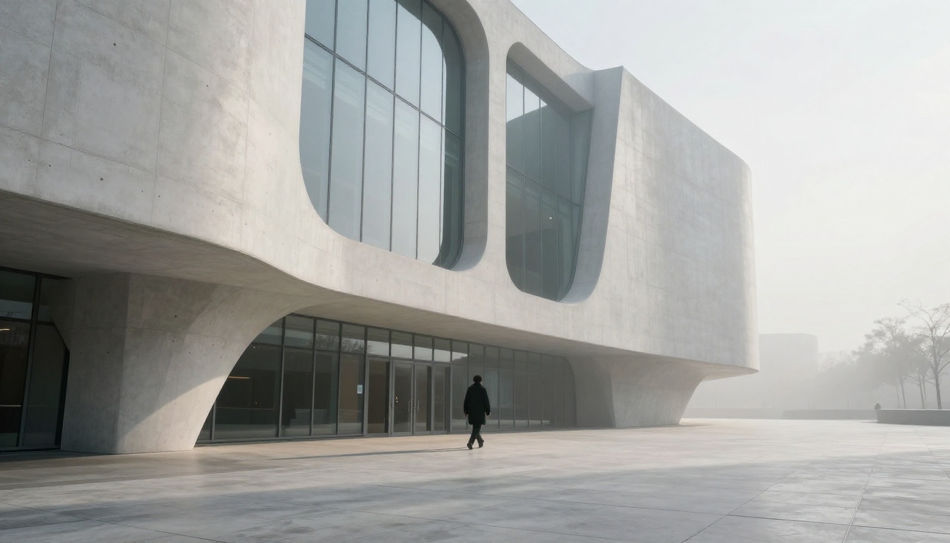 Low-angle dramatic view of a futuristic modern museum building with curved white concrete walls and a lone figure at the entrance Low-angle dramatic view of a futuristic modern museum building with curved white concrete walls and a lone figure at the entrance