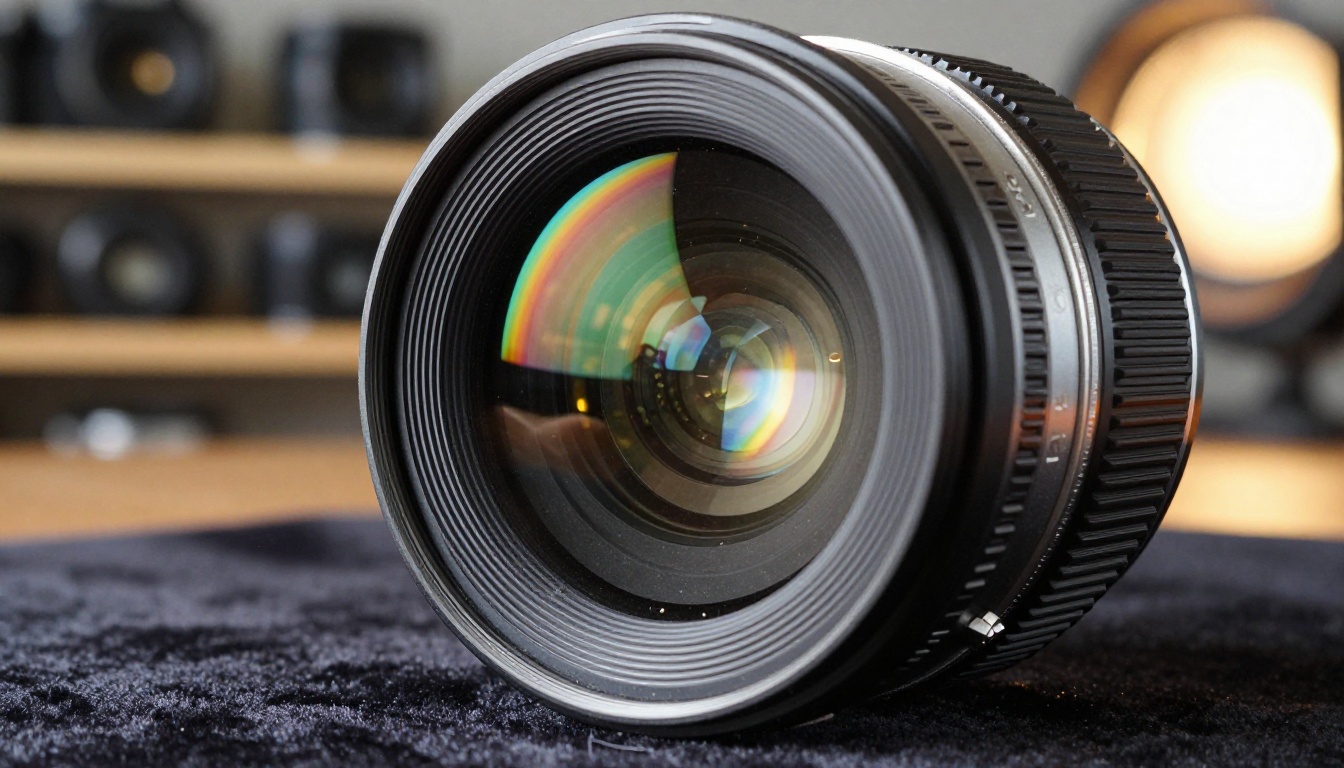 Close-up macro shot of a camera lens element reflecting an AI-generated portrait image in its multi-coated optical glass surface Close-up macro shot of a camera lens element reflecting an AI-generated portrait image in its multi-coated optical glass surface