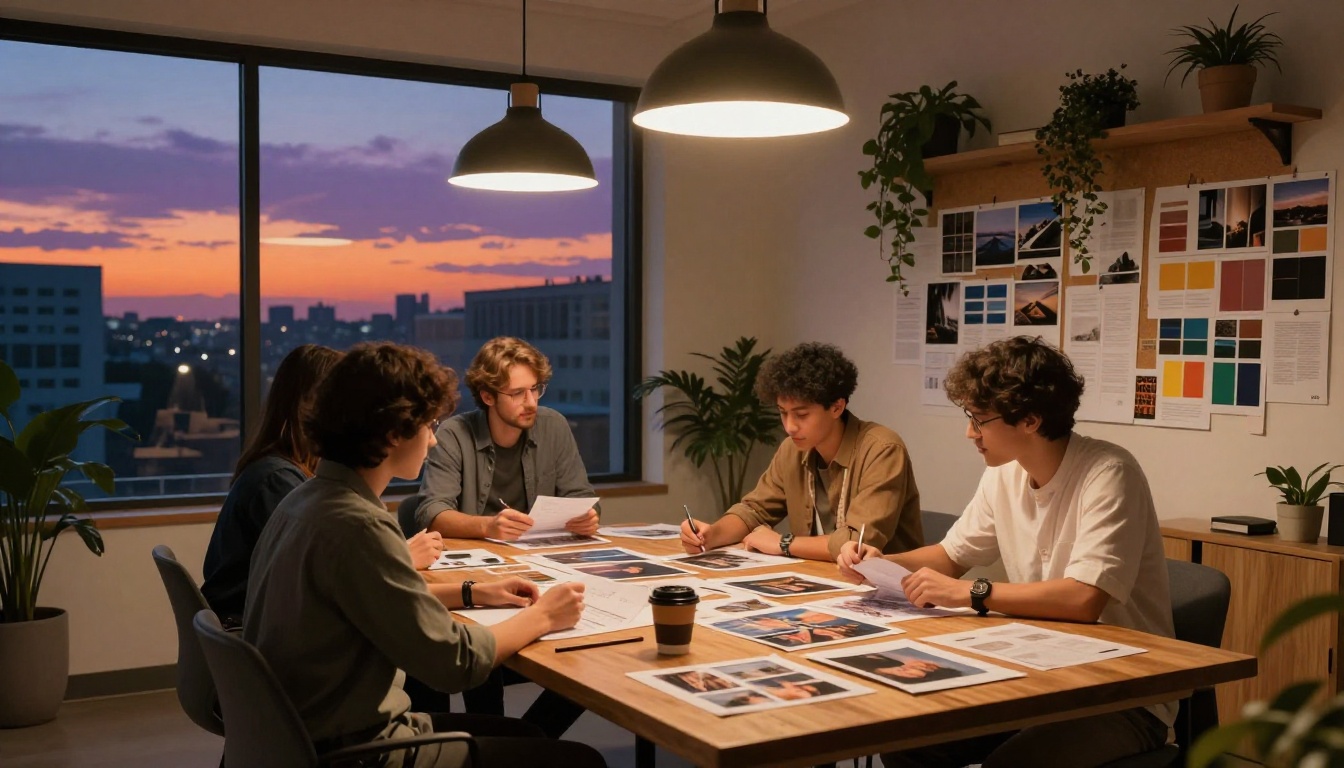 Warm dusk interior of a creative agency with professionals reviewing printed AI-generated images at a communal table, city twilight visible through floor-to-ceiling windows Warm dusk interior of a creative agency with professionals reviewing printed AI-generated images at a communal table, city twilight visible through floor-to-ceiling windows