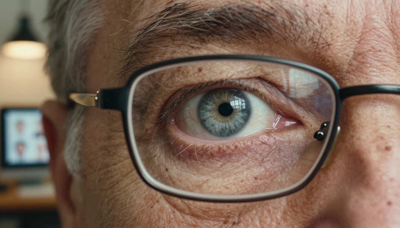 Photorealistic macro close-up of a senior male's eye with reading glasses reflecting an AI generation platform on screen, warm directional light from the left Photorealistic macro close-up of a senior male's eye with reading glasses reflecting an AI generation platform on screen, warm directional light from the left