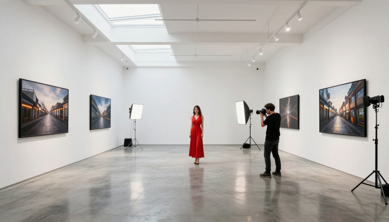 A bright modern photography studio with gallery walls of AI-generated prints in black frames, a model in a red dress, and a photographer behind a medium-format camera under soft north-facing skylight A bright modern photography studio with gallery walls of AI-generated prints in black frames, a model in a red dress, and a photographer behind a medium-format camera under soft north-facing skylight