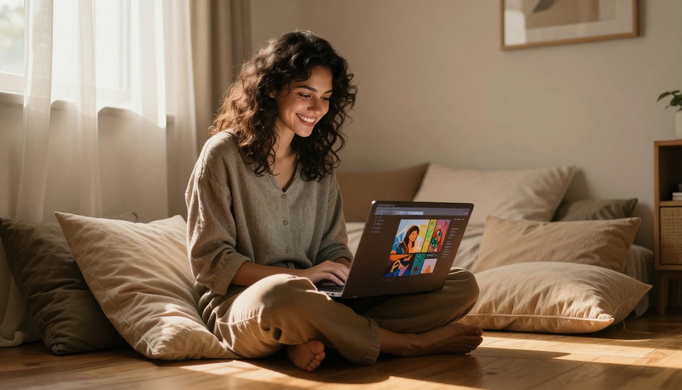 Woman sitting cross-legged on bedroom floor with laptop