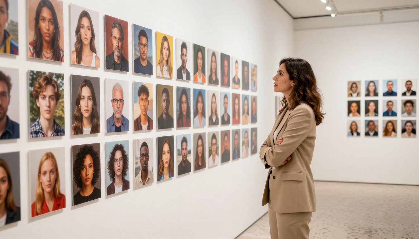 Art gallery wall covered in AI-generated photographic prints