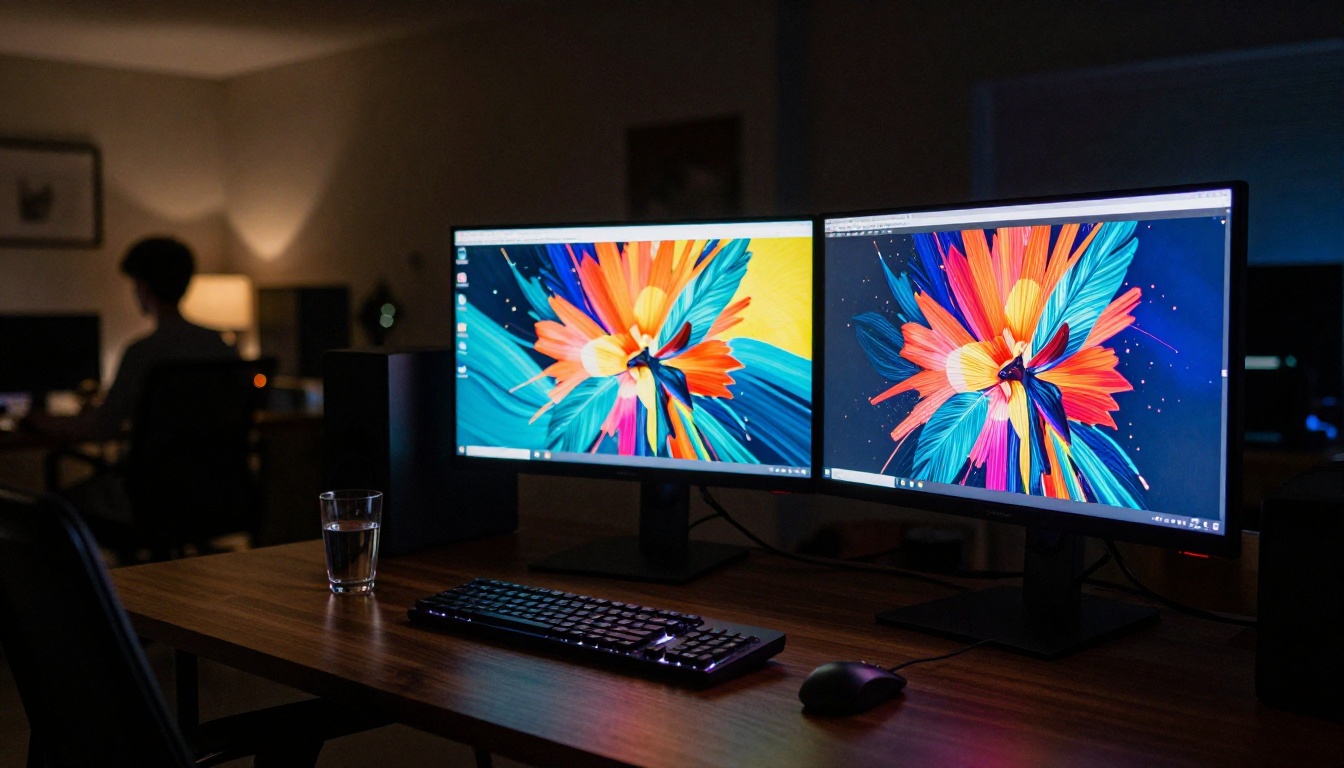 Dual monitor workstation at night displaying AI artwork