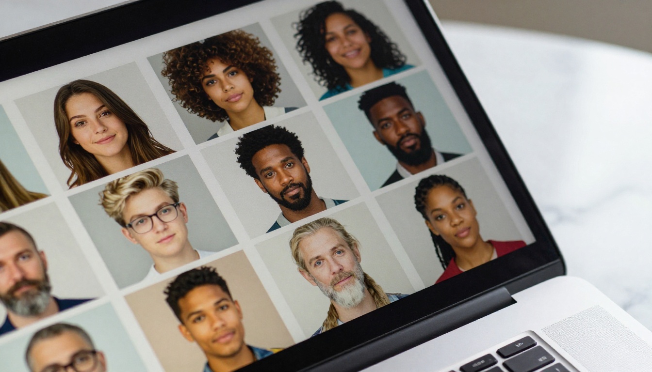 Laptop screen displaying a grid of AI-generated portrait images