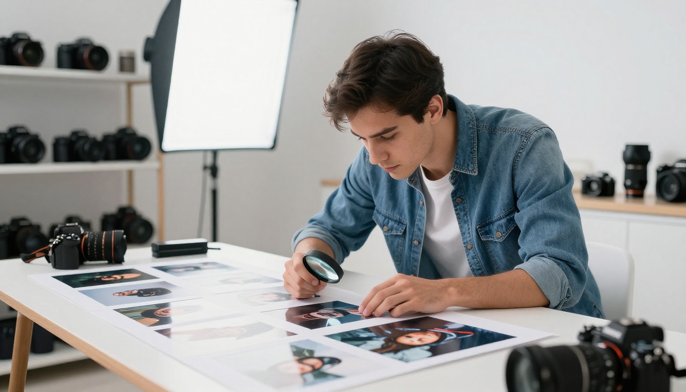 Photographer examining AI-generated contact sheets on a light table