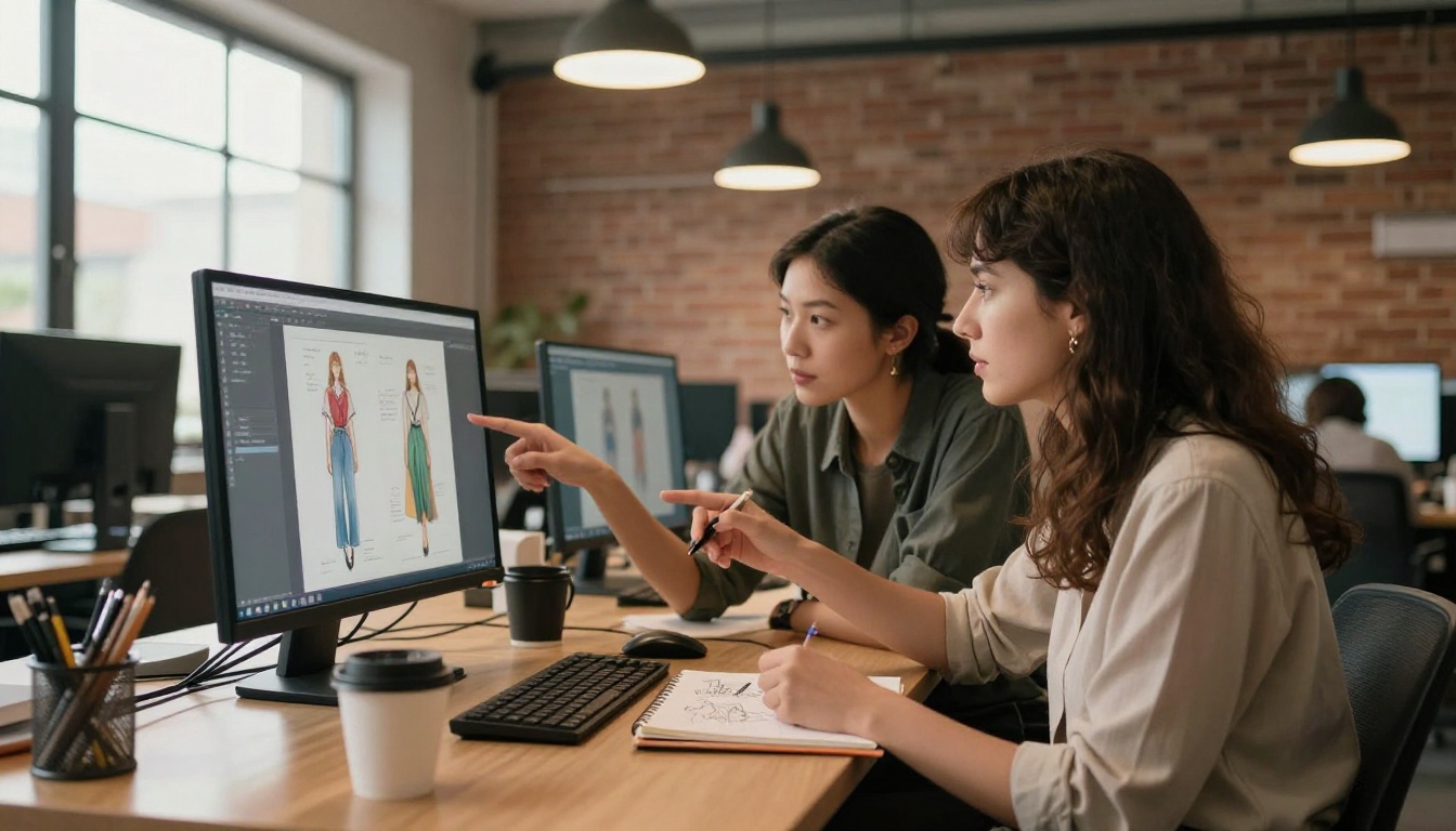 Two creative women collaborating at a shared workstation