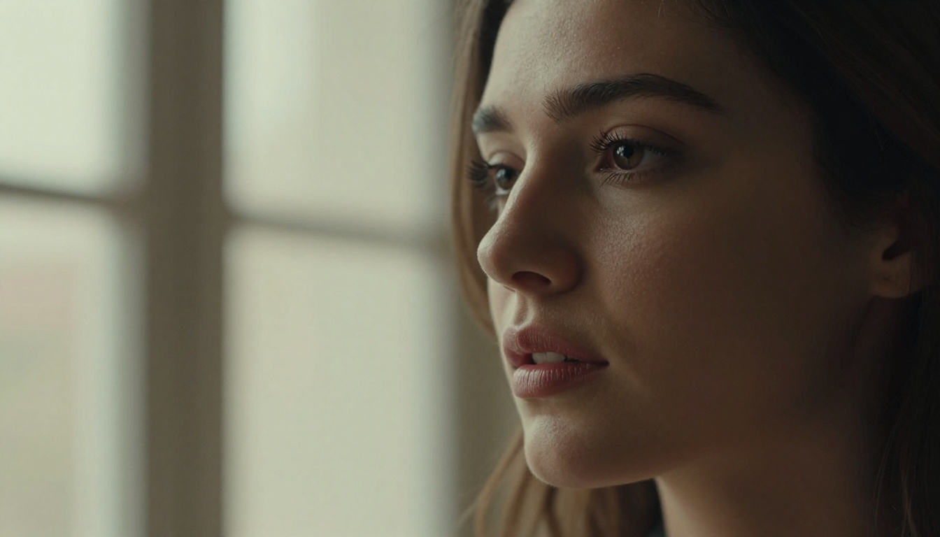 Cinematic close-up portrait of a woman with natural side lighting