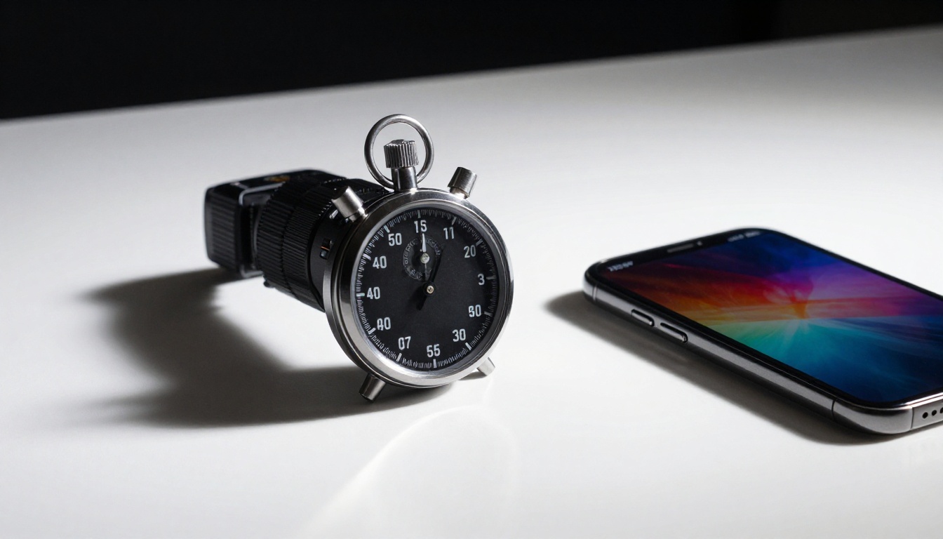 Stopwatch next to phone showing AI-generated image