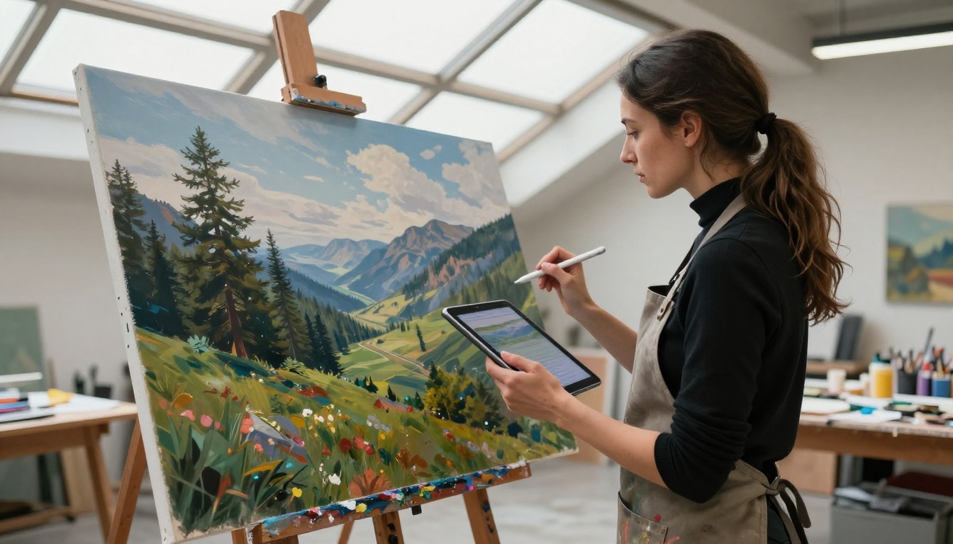 Woman artist in studio with AI-generated print on canvas
