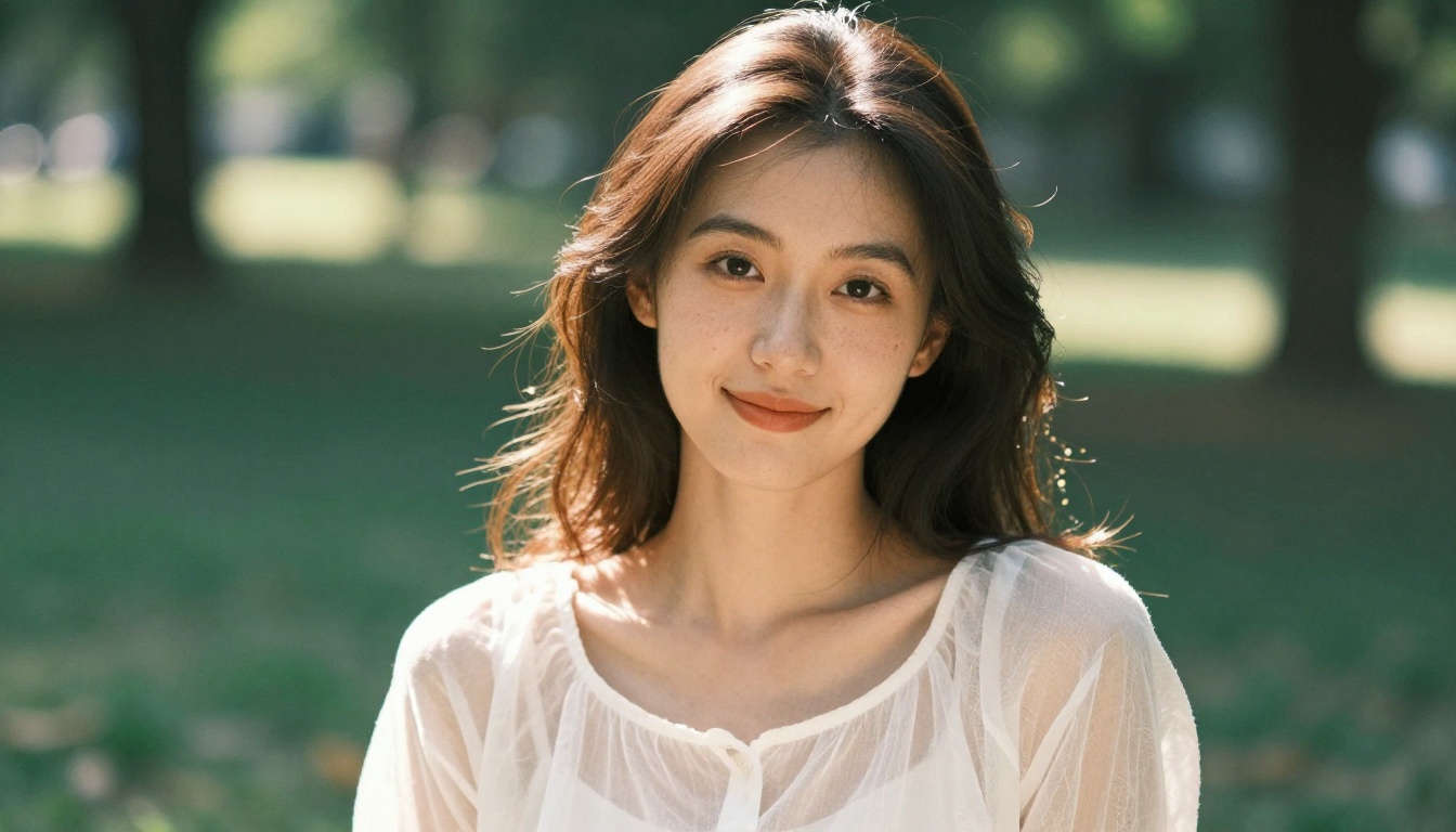 Woman in summer blouse in a sun-dappled park