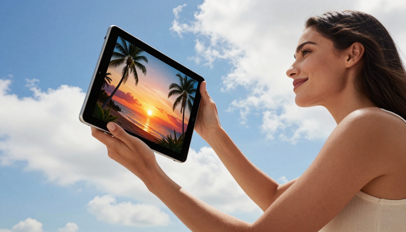 Woman holding tablet displaying AI-generated tropical scene