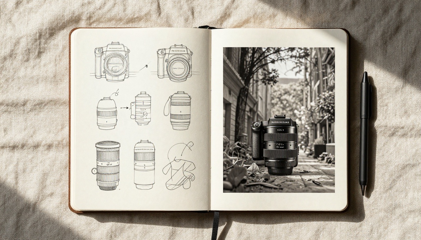 Overhead flat lay of sketchbook with AI-generated image print
