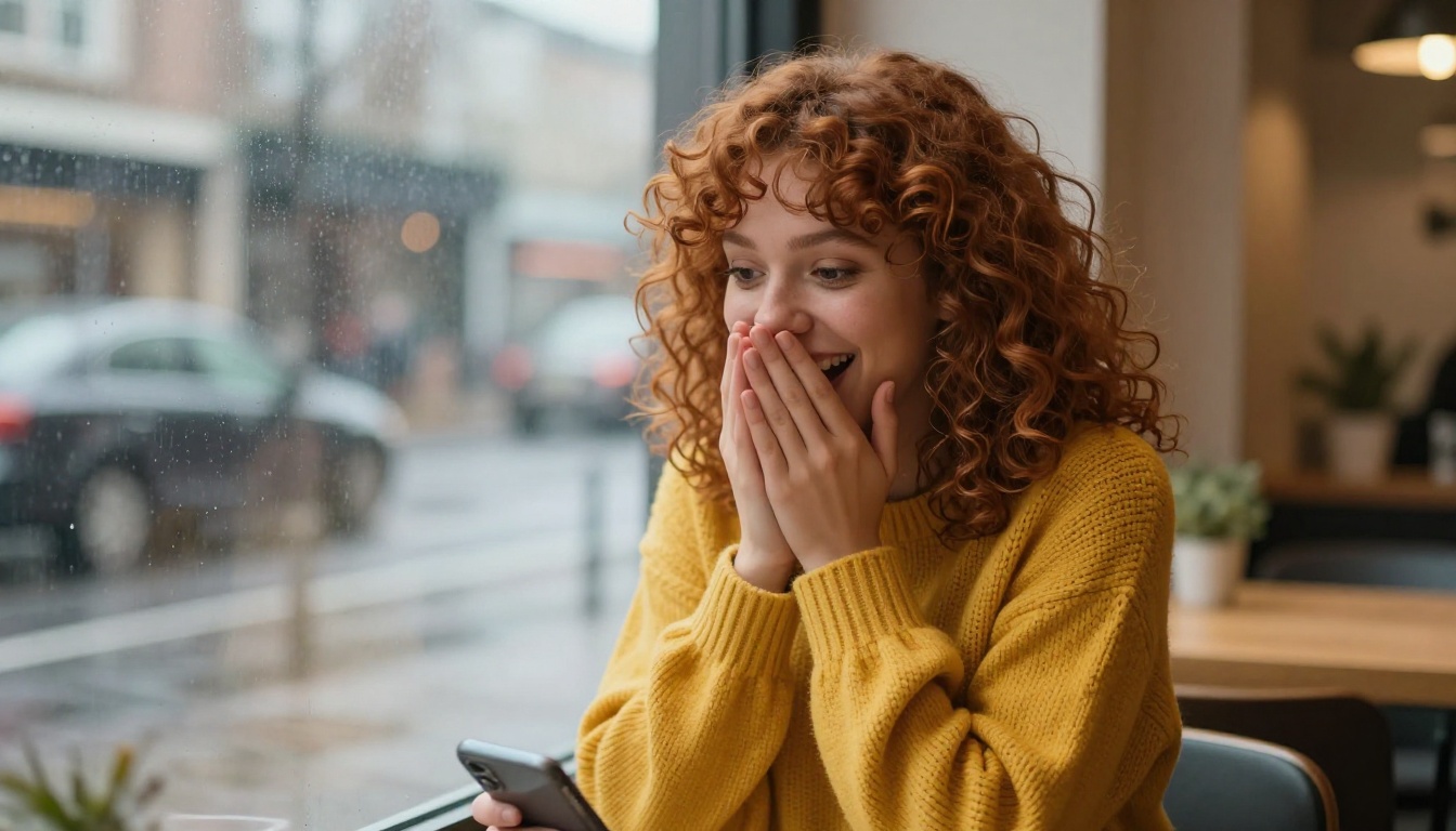 Woman with auburn curly hair at café window looking at phone