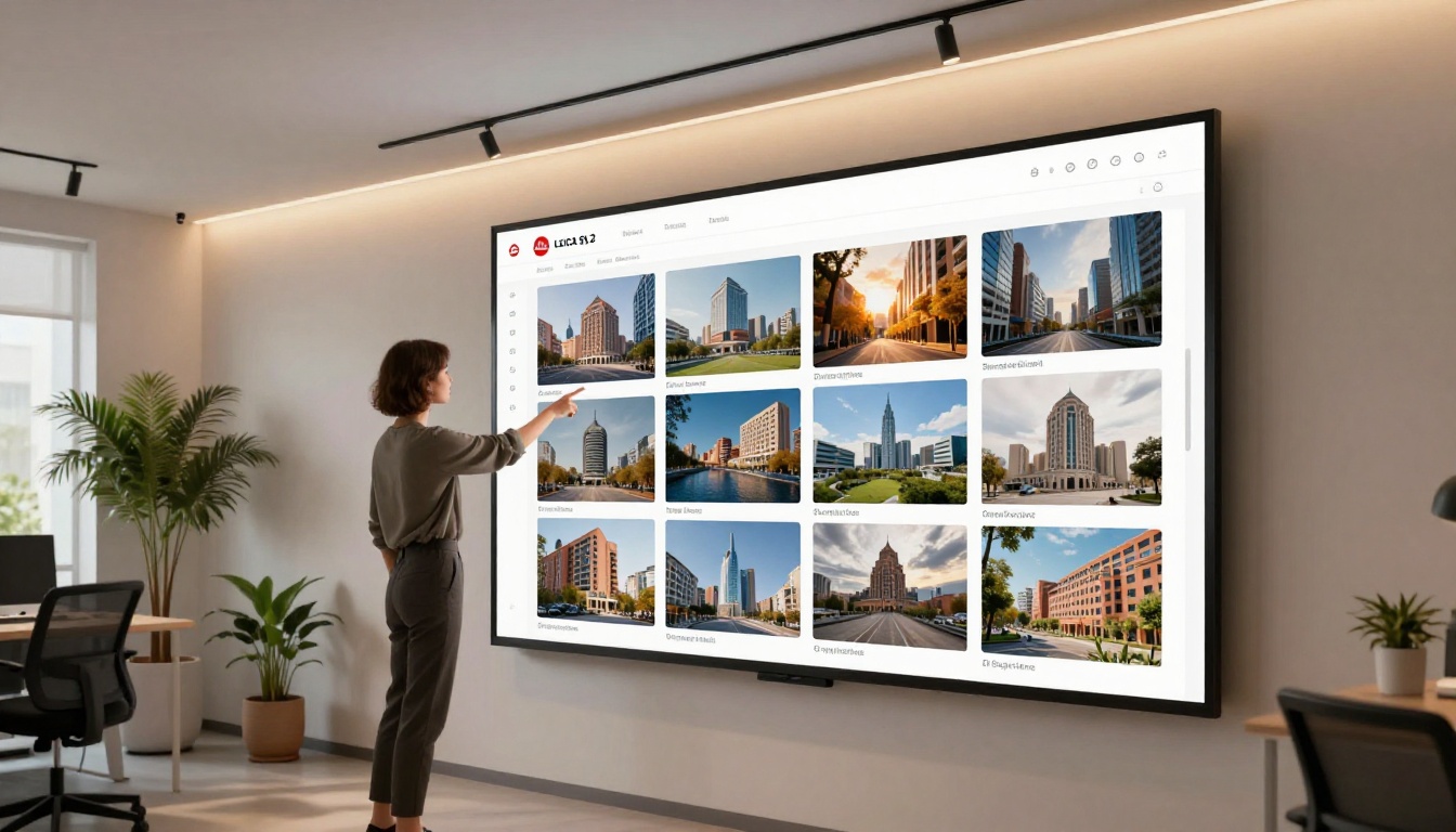 Woman pointing at large touchscreen display in creative office