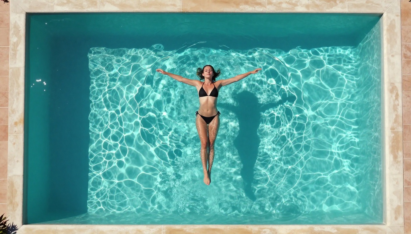 Aerial drone view of a woman floating on her back in a turquoise infinity pool