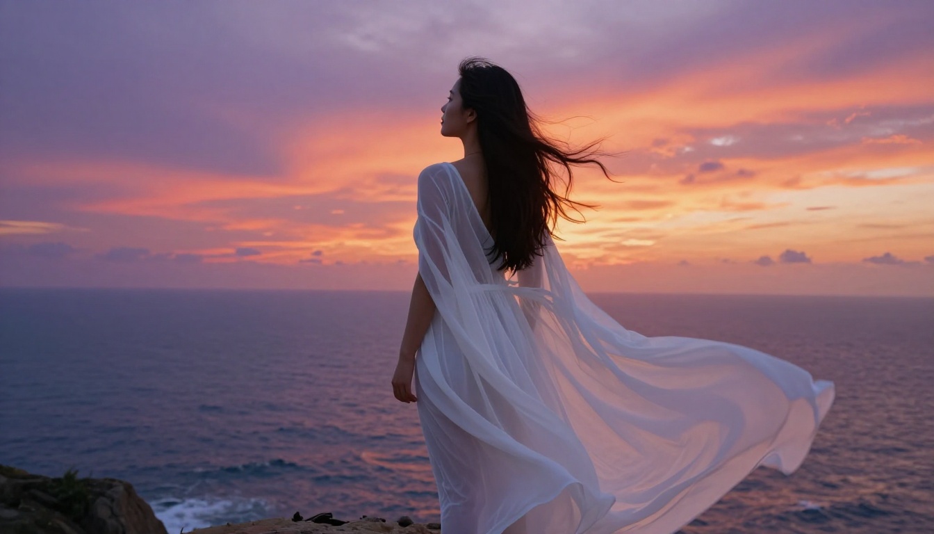 Woman in sheer white cover-up silhouetted against a dramatic crimson sunset at cliff edge