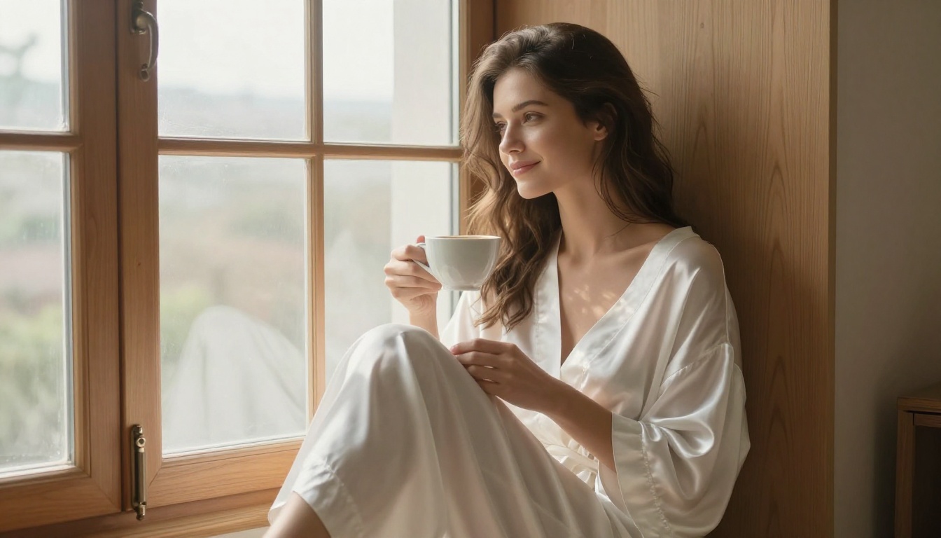 Woman in white silk robe at a morning window, one shoulder down, holding a coffee cup
